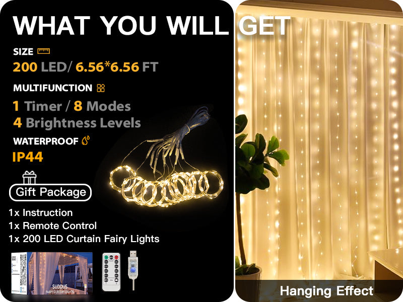 SUDDUS 200 LED USB Curtain Fairy Lights, 6.5×6.5 ft Plug-in String Lights with Remote, Timer & Dimming, Waterproof Indoor/Outdoor Window & Wall Decor