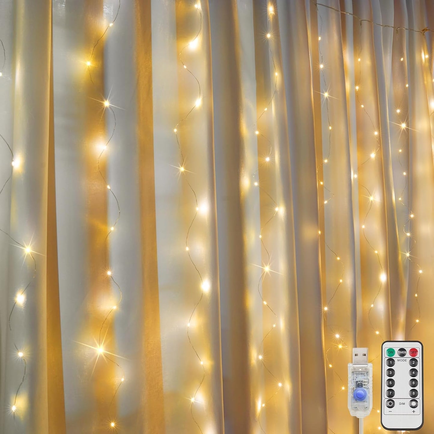 SUDDUS 200 LED USB Curtain Fairy Lights, 6.5×6.5 ft Plug-in String Lights with Remote, Timer & Dimming, Waterproof Indoor/Outdoor Window & Wall Decor
