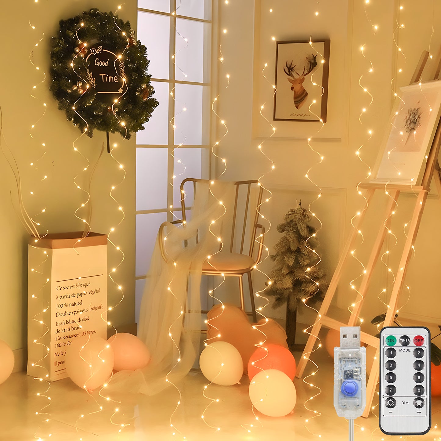 SUDDUS 200 LED USB Curtain Fairy Lights, 6.5×6.5 ft Plug-in String Lights with Remote, Timer & Dimming, Waterproof Indoor/Outdoor Window & Wall Decor