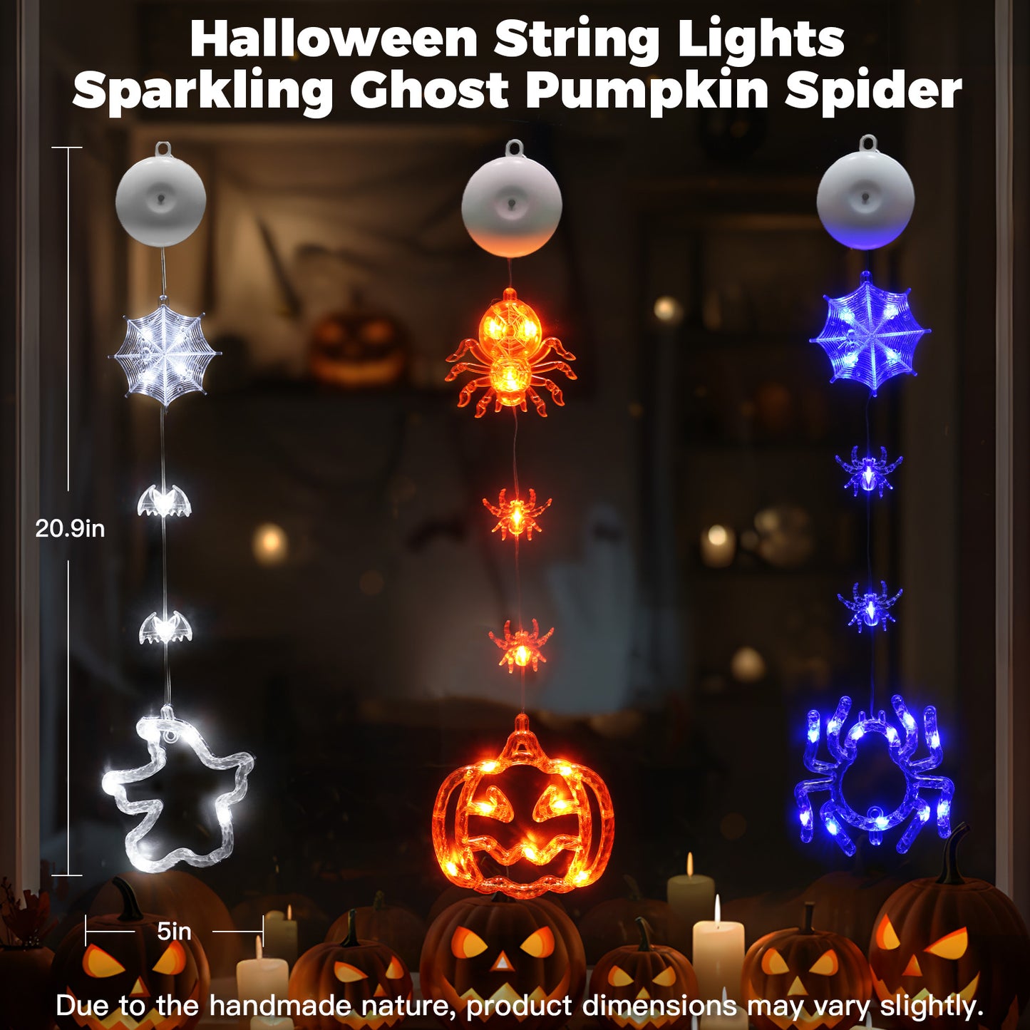 SUDDUS 3-Pack Halloween Window Lights – 20.9″ Pumpkin & Spider LED Battery-Operated Window Hangings with Suction Cups, Orange & Purple Decor