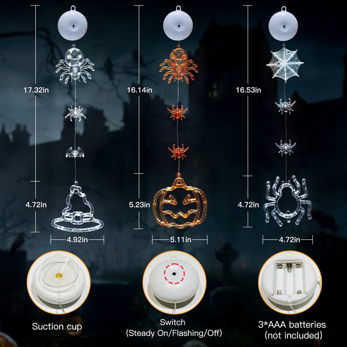 SUDDUS 3-Pack Halloween Window Lights – 20.9″ Pumpkin & Spider LED Battery-Operated Window Hangings with Suction Cups, Orange & Purple Decor
