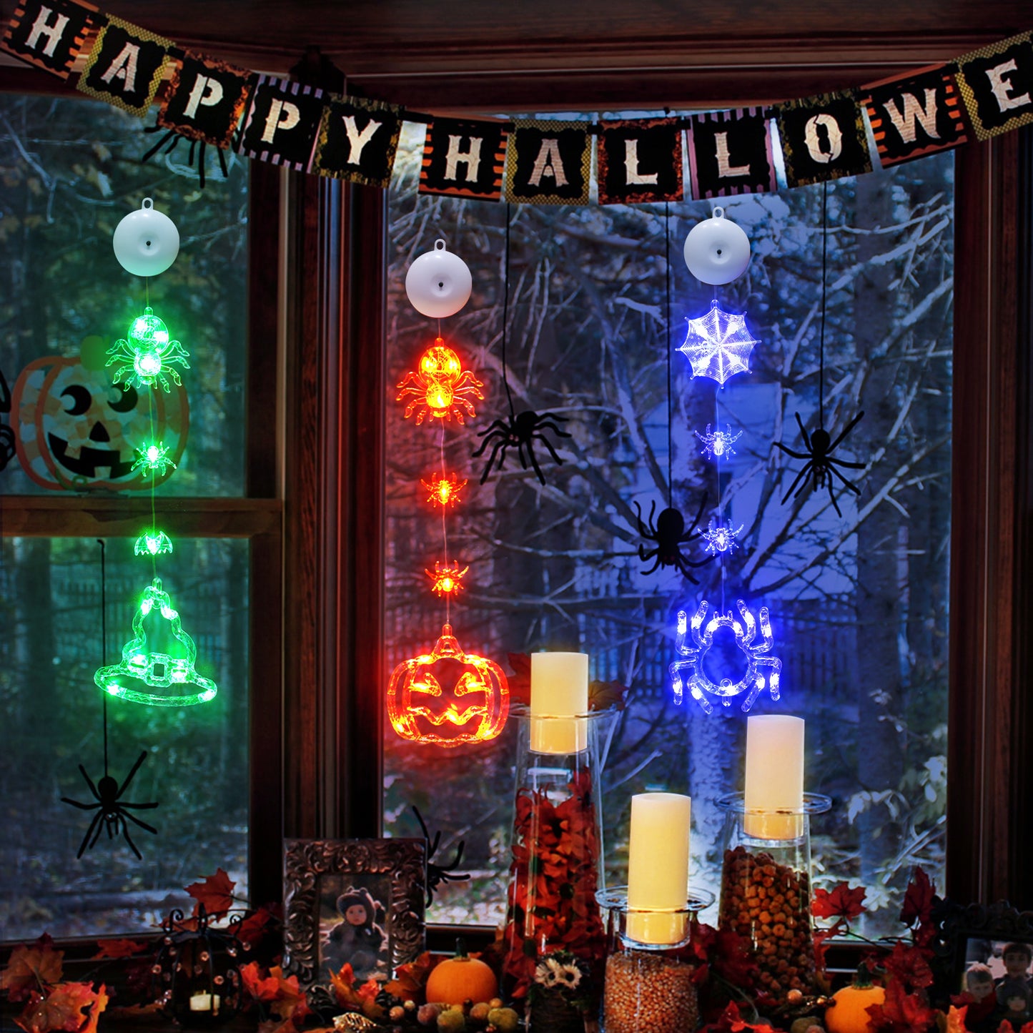SUDDUS 3-Pack Halloween Window Lights – 20.9″ Pumpkin & Spider LED Battery-Operated Window Hangings with Suction Cups, Orange & Purple Decor