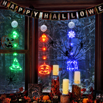 SUDDUS 3-Pack Halloween Window Lights – 20.9″ Pumpkin & Spider LED Battery-Operated Window Hangings with Suction Cups, Orange & Purple Decor