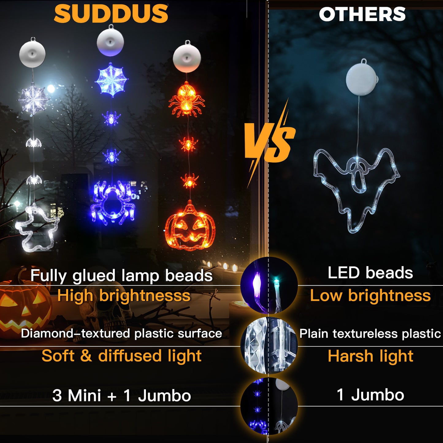 SUDDUS 3-Pack Halloween Window Lights – 20.9″ Pumpkin & Spider LED Battery-Operated Window Hangings with Suction Cups, Orange & Purple Decor