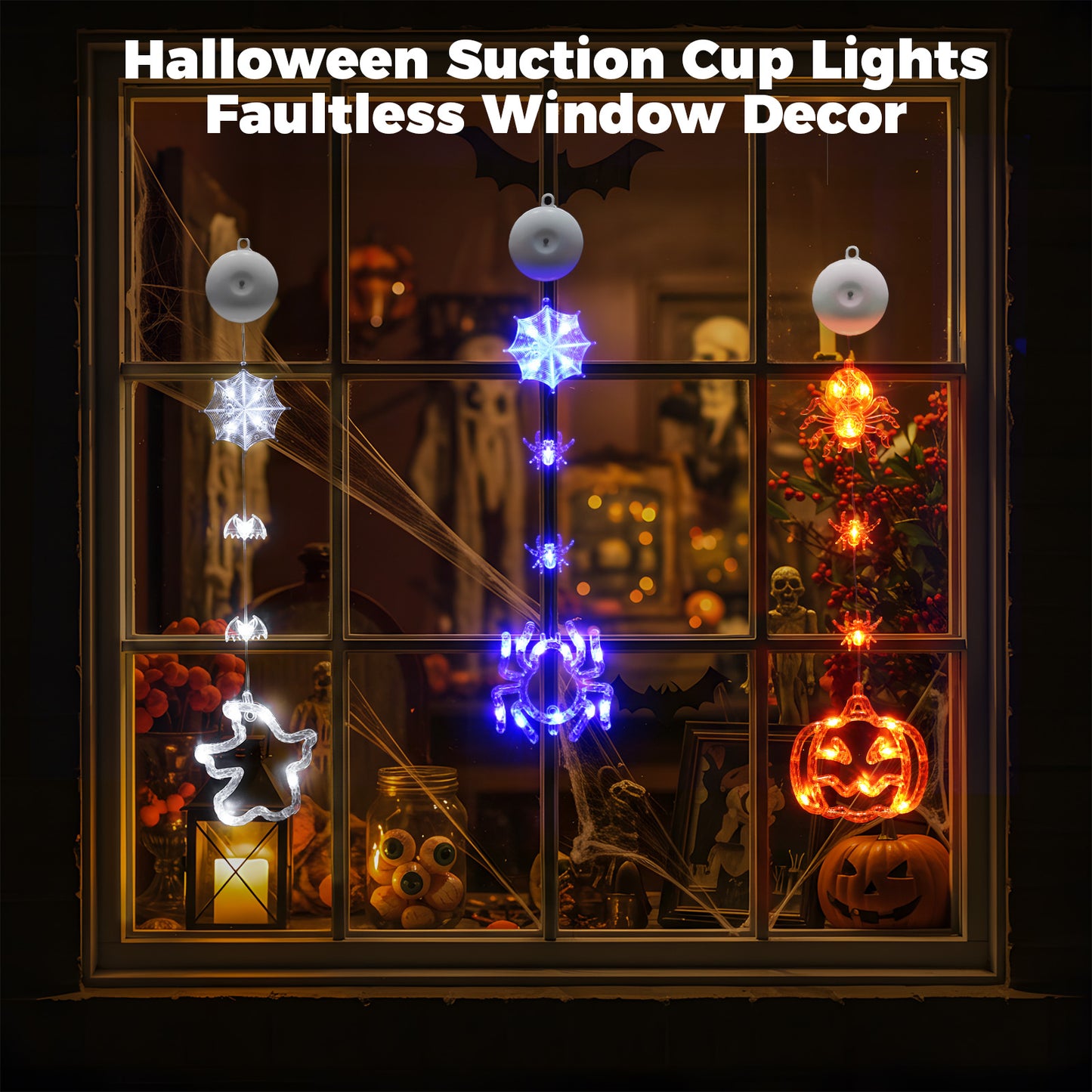 SUDDUS 3-Pack Halloween Window Lights – 20.9″ Pumpkin & Spider LED Battery-Operated Window Hangings with Suction Cups, Orange & Purple Decor
