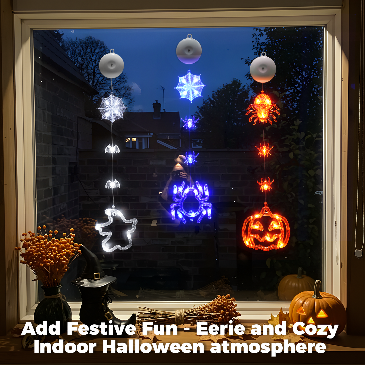 SUDDUS 3-Pack Halloween Window Lights – 20.9″ Pumpkin & Spider LED Battery-Operated Window Hangings with Suction Cups, Orange & Purple Decor