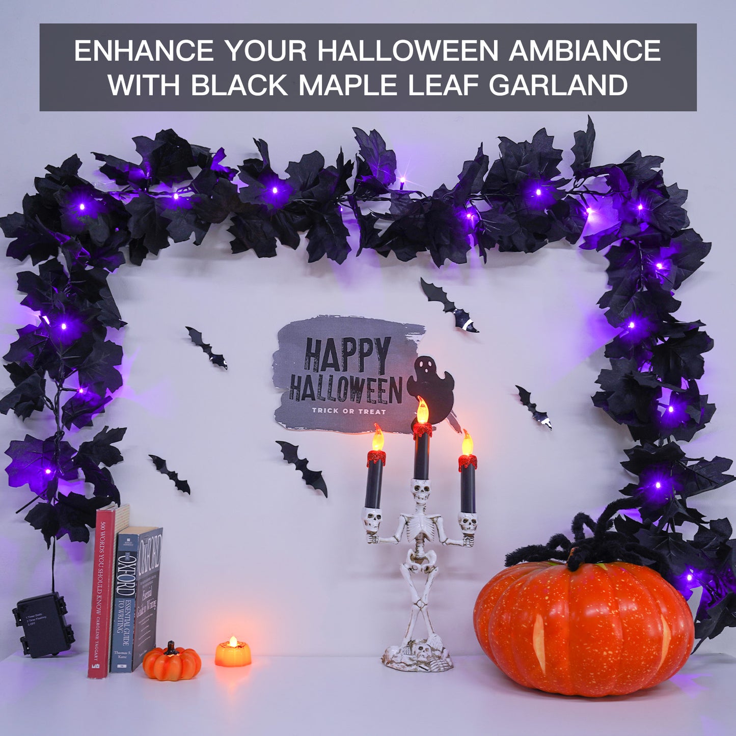 SUDDUS 20 LED Halloween Garland – Battery-Operated Black Maple Leaf String Lights (6.5 ft) with Timer, Waterproof Indoor/Outdoor Spooky Decor