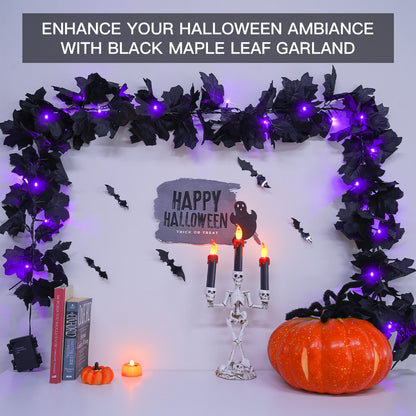 SUDDUS 20 LED Halloween Garland – Battery-Operated Black Maple Leaf String Lights (6.5 ft) with Timer, Waterproof Indoor/Outdoor Spooky Decor