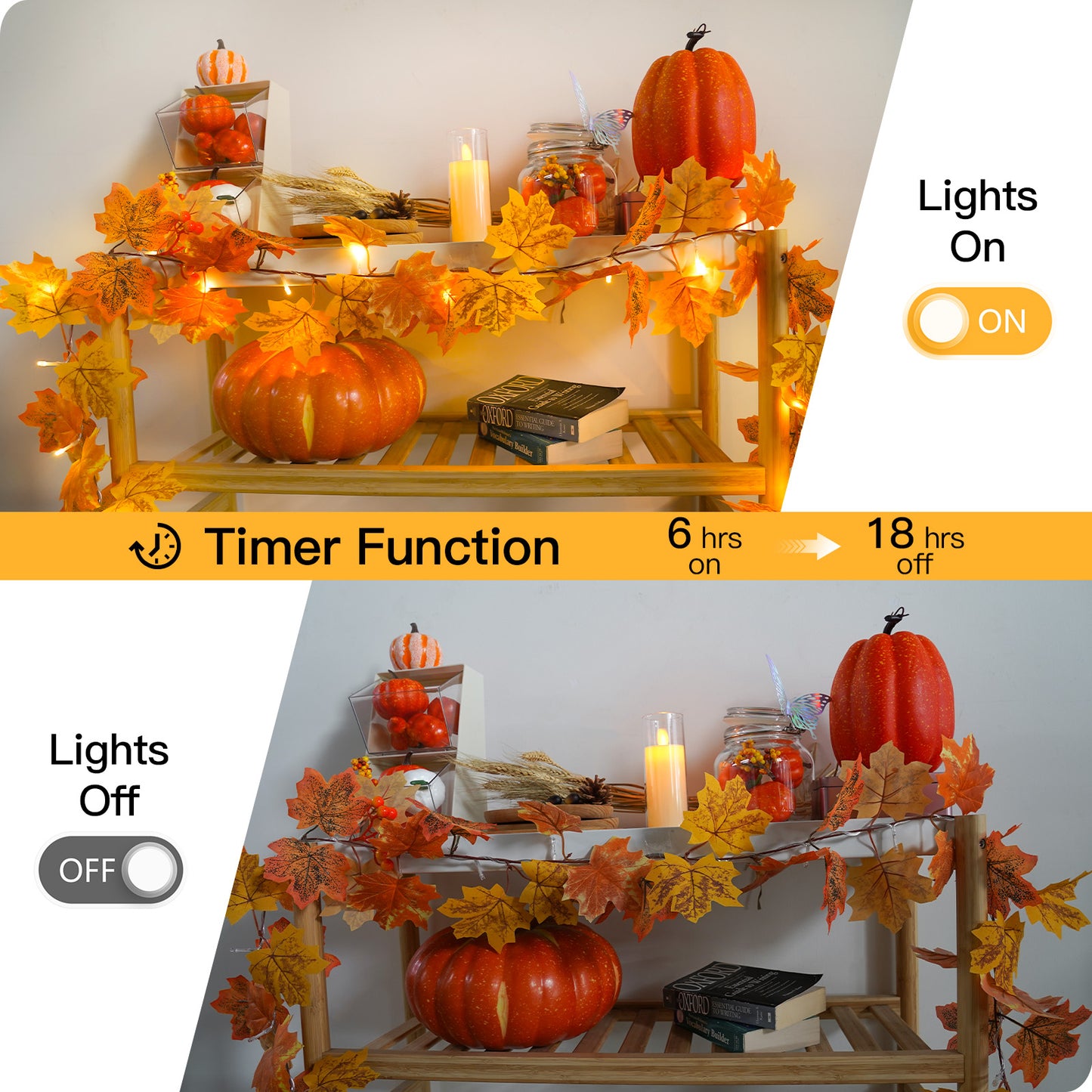 SUDDUS 6.5ft Battery-Operated Fall Leaf Garland with 20 LEDs, Timer & Realistic Maple Leaves with Berries – Indoor/Outdoor Autumn Décor