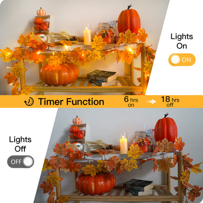 SUDDUS 6.5ft Battery-Operated Fall Leaf Garland with 20 LEDs, Timer & Realistic Maple Leaves with Berries – Indoor/Outdoor Autumn Décor