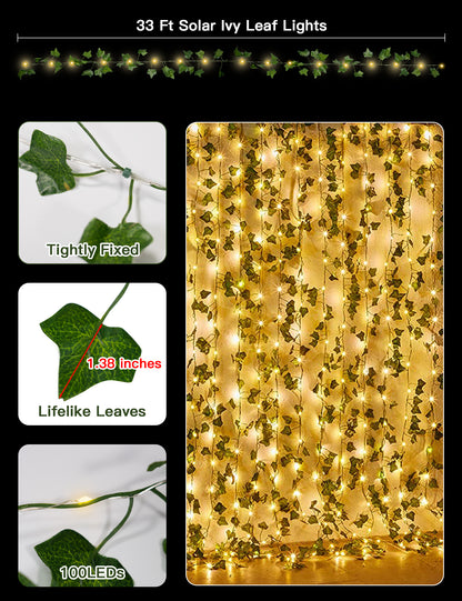 SUDDUS Solar Vine Fairy Lights – 33ft 100 LED Waterproof Outdoor Vine Lights with 8 Modes for Garden, Patio, Fence, Balcony