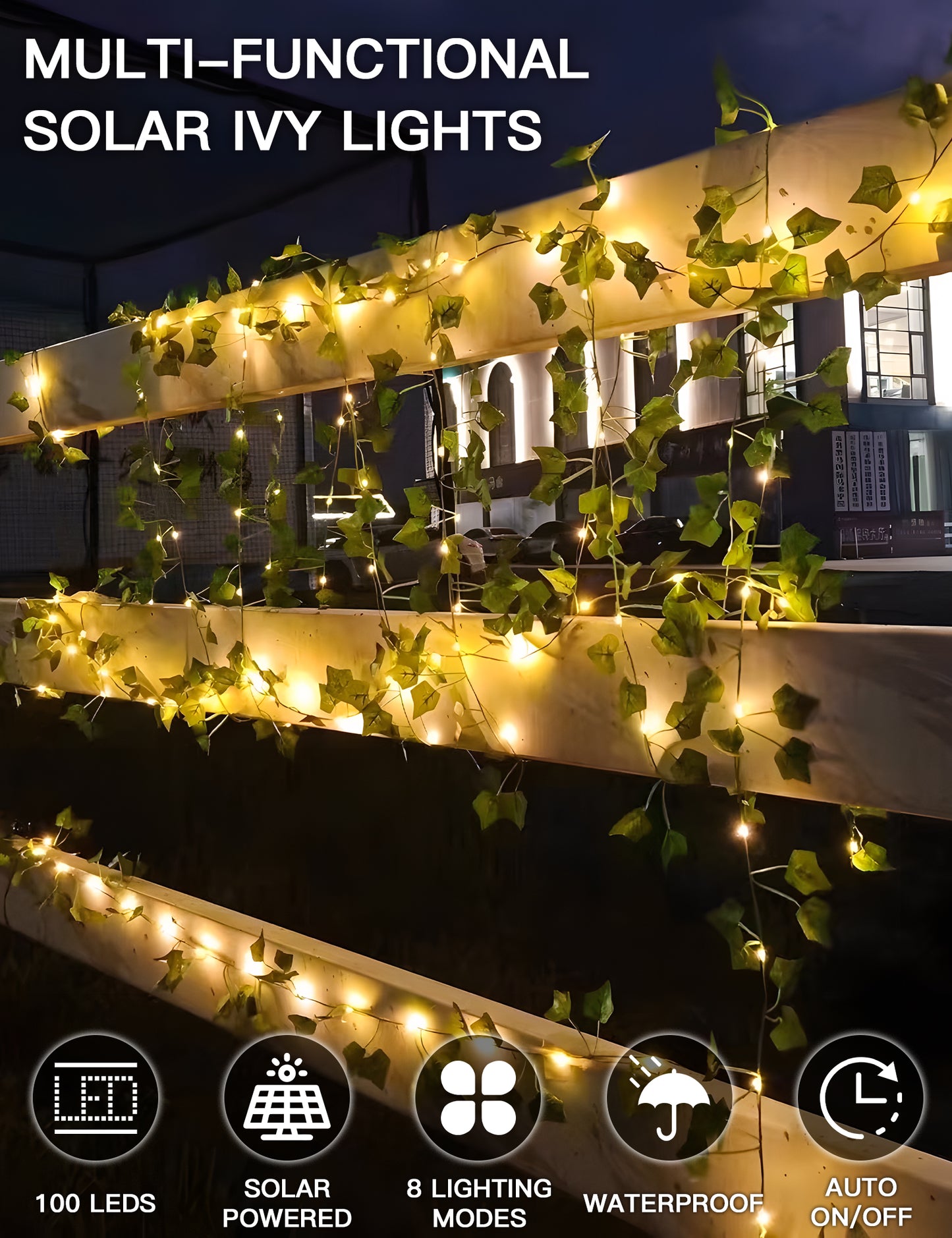 SUDDUS Solar Vine Fairy Lights – 33ft 100 LED Waterproof Outdoor Vine Lights with 8 Modes for Garden, Patio, Fence, Balcony