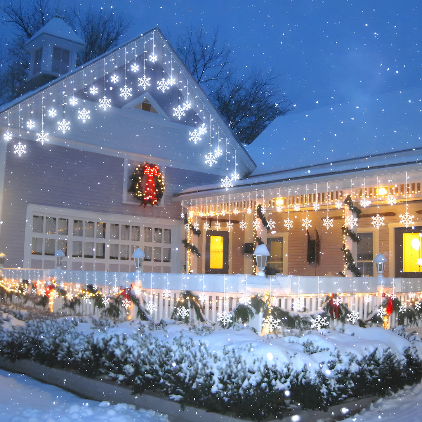 SUDDUS Snowflake Icicle String Lights – 168 LED / 10.7 ft Plug-in Hanging Drops with 14 Snowflake Drops, Connectable, White, Indoor/Outdoor Holiday Decor