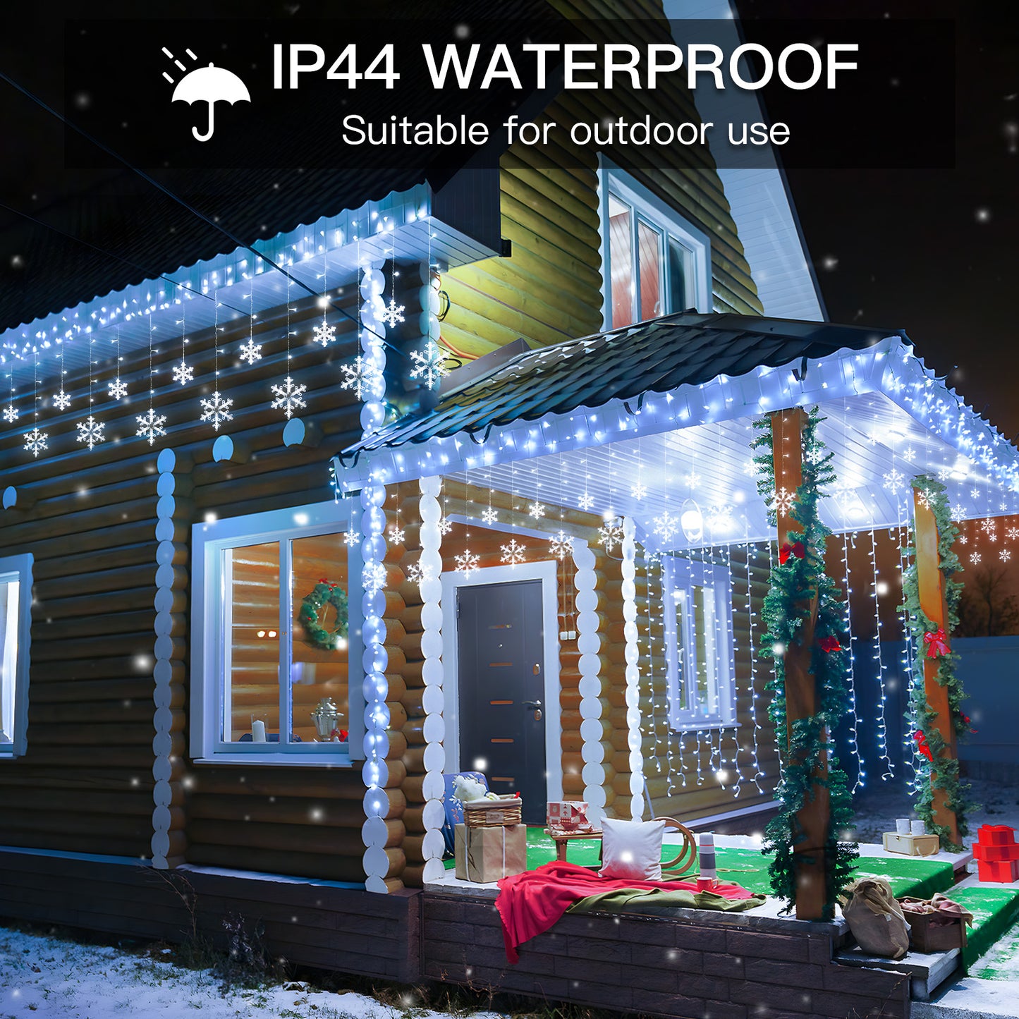 SUDDUS Snowflake Icicle String Lights – 168 LED / 10.7 ft Plug-in Hanging Drops with 14 Snowflake Drops, Connectable, White, Indoor/Outdoor Holiday Decor