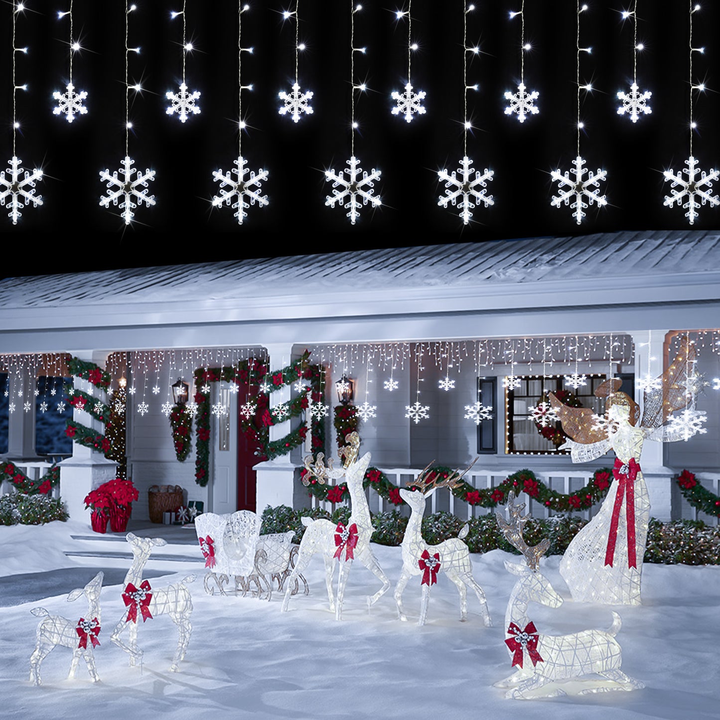 SUDDUS Snowflake Icicle String Lights – 168 LED / 10.7 ft Plug-in Hanging Drops with 14 Snowflake Drops, Connectable, White, Indoor/Outdoor Holiday Decor