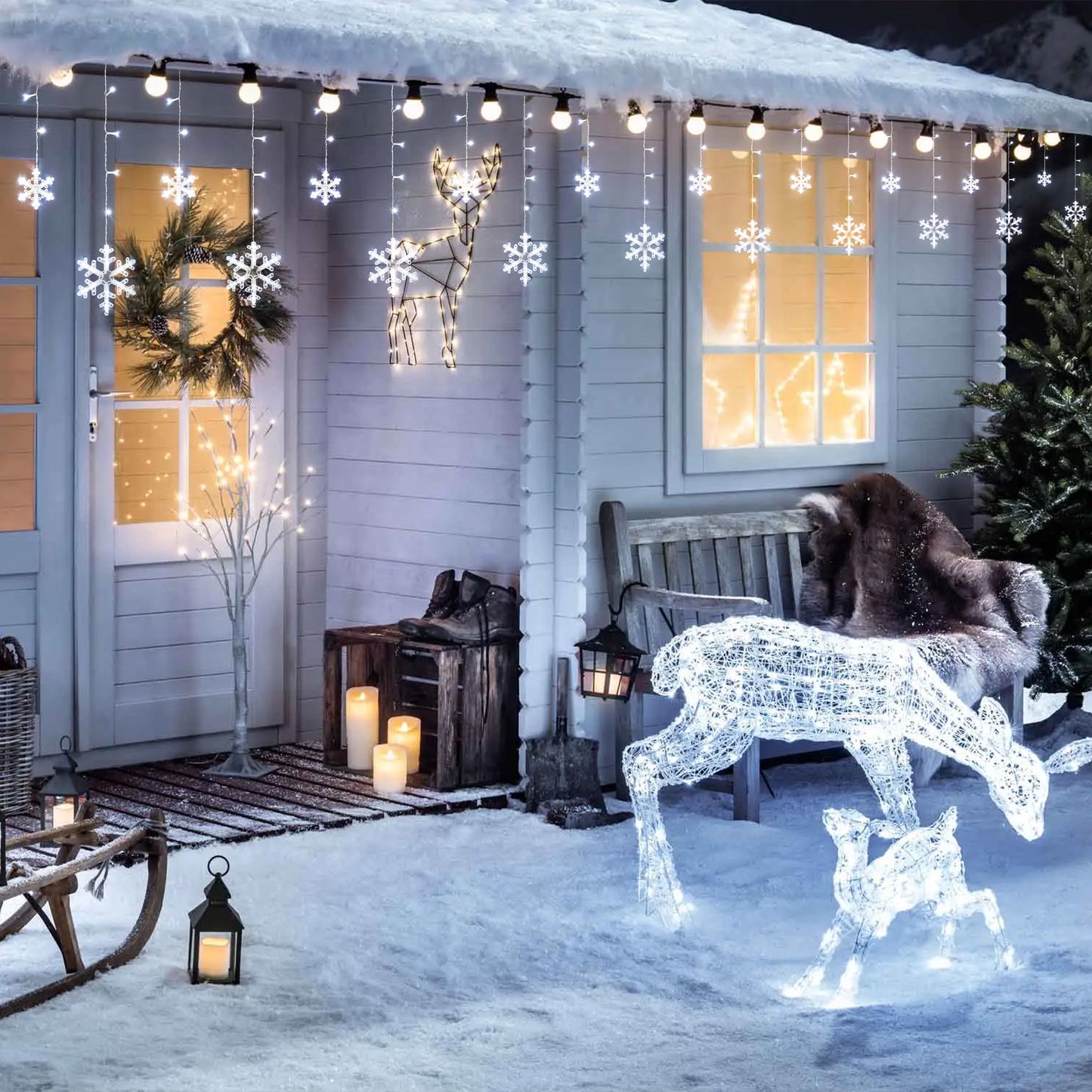 SUDDUS Snowflake Icicle String Lights – 168 LED / 10.7 ft Plug-in Hanging Drops with 14 Snowflake Drops, Connectable, White, Indoor/Outdoor Holiday Decor