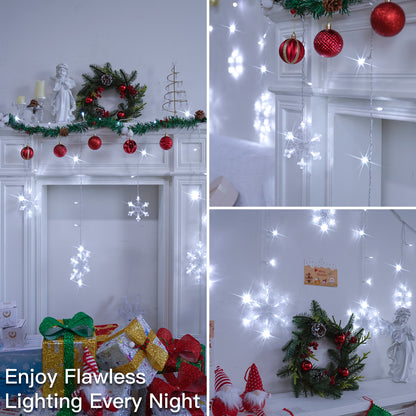 SUDDUS Snowflake Icicle String Lights – 168 LED / 10.7 ft Plug-in Hanging Drops with 14 Snowflake Drops, Connectable, White, Indoor/Outdoor Holiday Decor