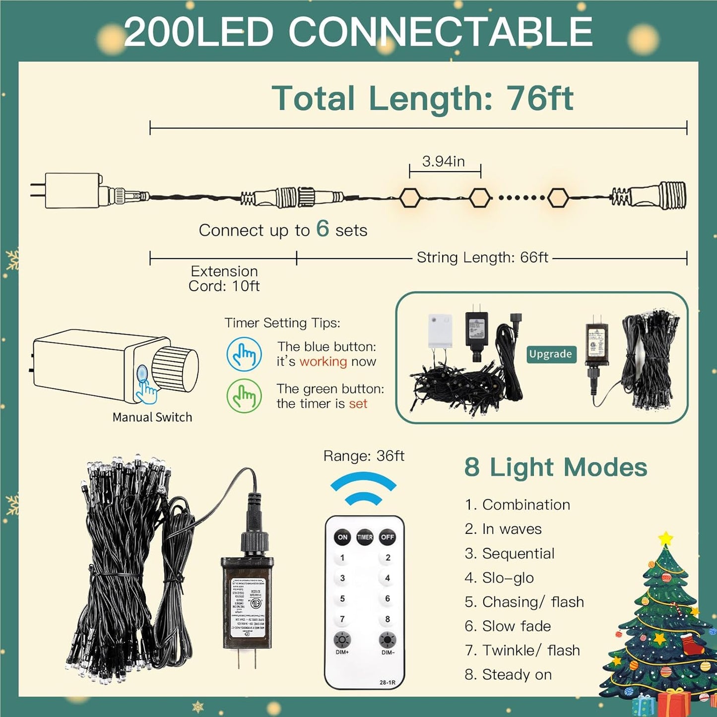 SUDDUS Diamond Lights Christmas Tree String Lights – 100/200/300 LED, Warm White, 8 Lighting Modes, Indoor Outdoor Twinkle Lights for Christmas Tree, Patio, Porch & Holiday Decor