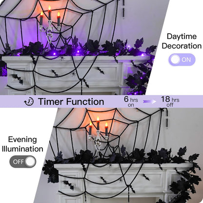 SUDDUS 20 LED Halloween Garland – Battery-Operated Black Maple Leaf String Lights (6.5 ft) with Timer, Waterproof Indoor/Outdoor Spooky Decor