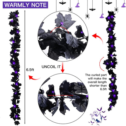 SUDDUS 20 LED Halloween Garland – Battery-Operated Black Maple Leaf String Lights (6.5 ft) with Timer, Waterproof Indoor/Outdoor Spooky Decor