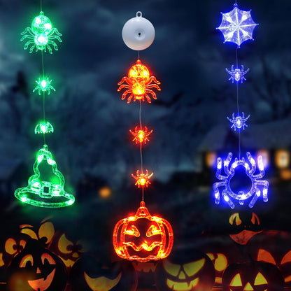 SUDDUS 3-Pack Halloween Window Lights – 20.9″ Pumpkin & Spider LED Battery-Operated Window Hangings with Suction Cups, Orange & Purple Decor