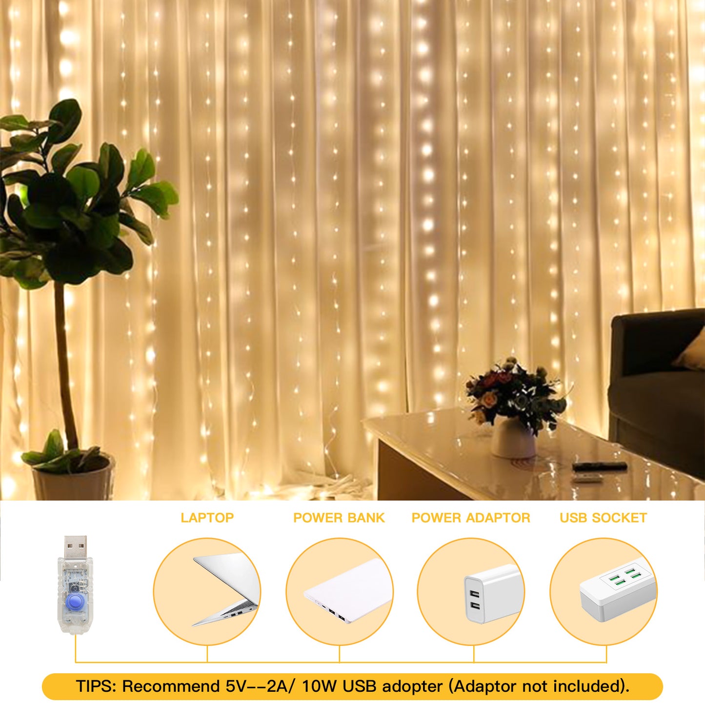 SUDDUS 200 LED USB Curtain Fairy Lights, 6.5×6.5 ft Plug-in String Lights with Remote, Timer & Dimming, Waterproof Indoor/Outdoor Window & Wall Decor