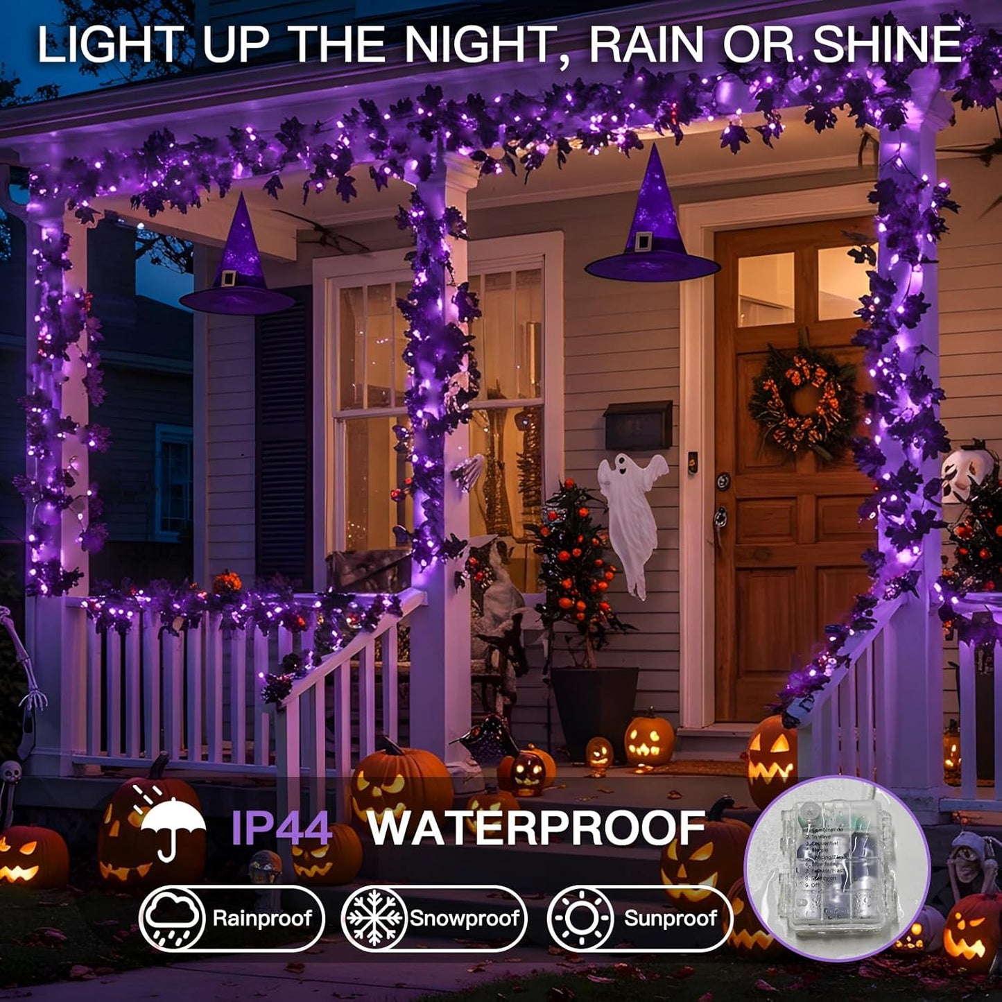 SUDDUS 20 LED Halloween Garland – Battery-Operated Black Maple Leaf String Lights (6.5 ft) with Timer, Waterproof Indoor/Outdoor Spooky Decor