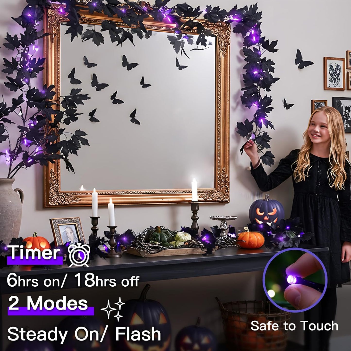 SUDDUS 20 LED Halloween Garland – Battery-Operated Black Maple Leaf String Lights (6.5 ft) with Timer, Waterproof Indoor/Outdoor Spooky Decor