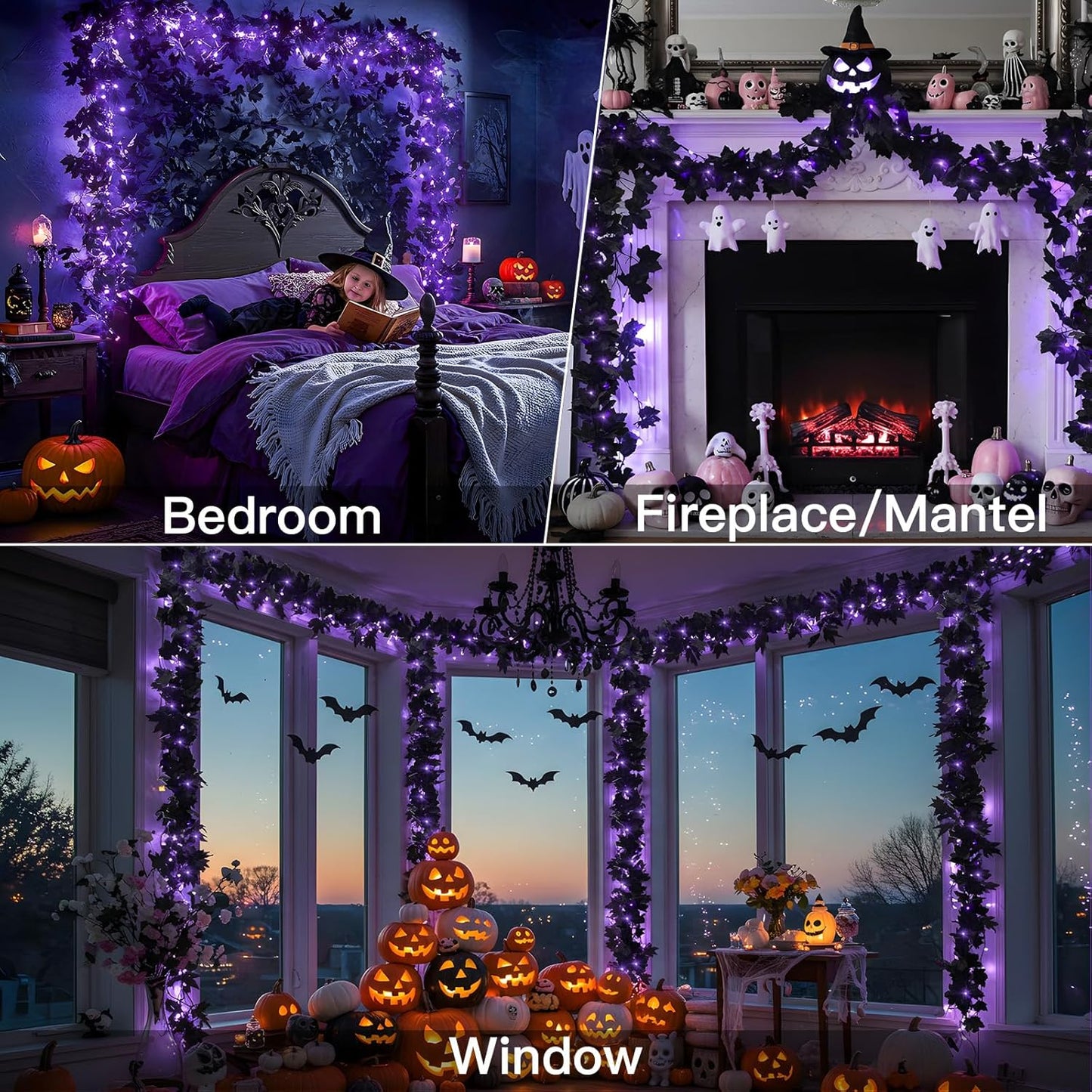 SUDDUS 20 LED Halloween Garland – Battery-Operated Black Maple Leaf String Lights (6.5 ft) with Timer, Waterproof Indoor/Outdoor Spooky Decor