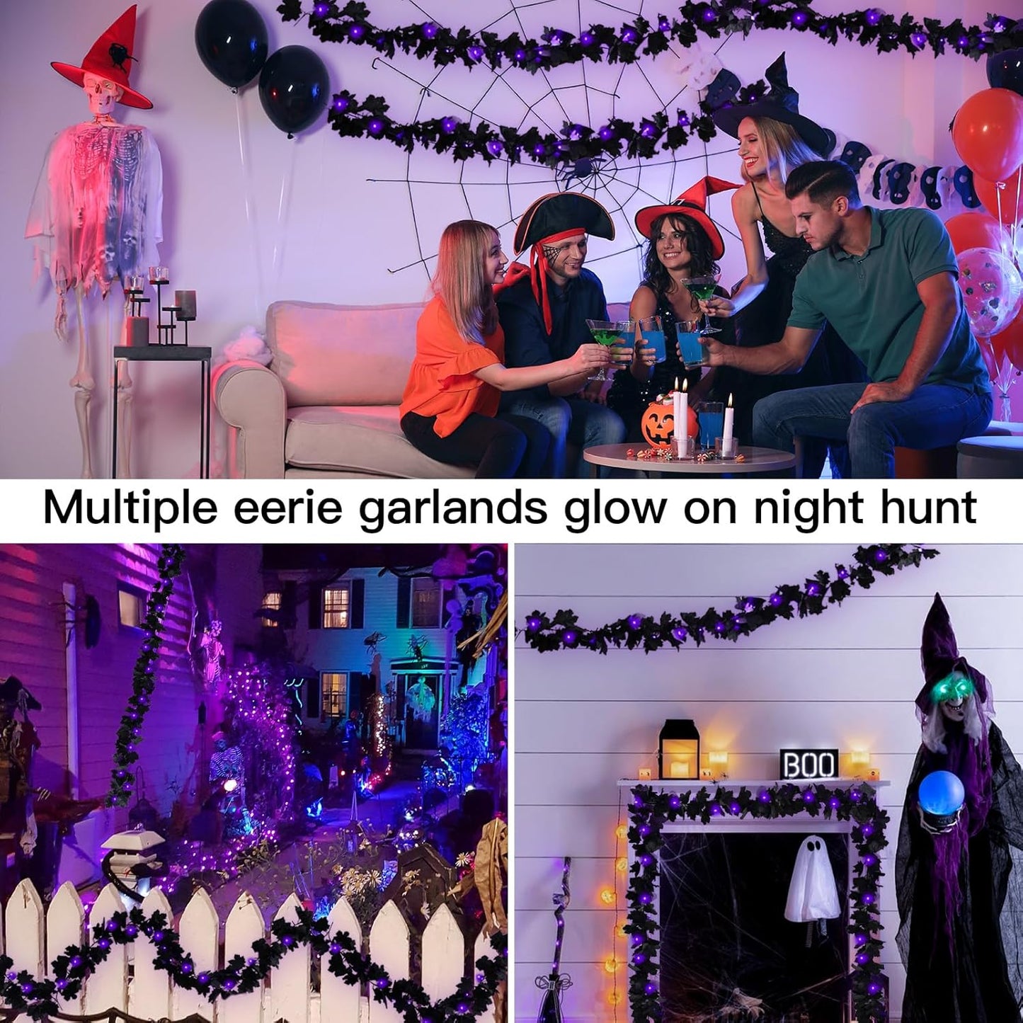 SUDDUS 20 LED Halloween Garland – Battery-Operated Black Maple Leaf String Lights (6.5 ft) with Timer, Waterproof Indoor/Outdoor Spooky Decor