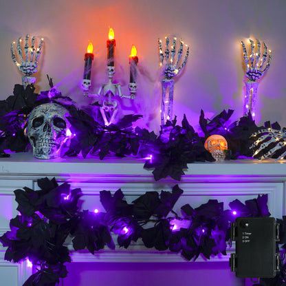 SUDDUS 20 LED Halloween Garland – Battery-Operated Black Maple Leaf String Lights (6.5 ft) with Timer, Waterproof Indoor/Outdoor Spooky Decor